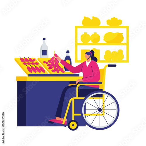 Disabled woman shopping at colorful market stall with vibrant products