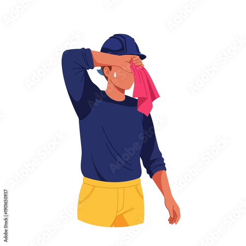 Man wiping sweat from forehead with pink cloth in casual outfit