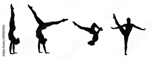Silhouettes of people performing various gymnastic poses.