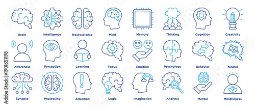 Brain icon collection set. Containing brain, neuroscience, mind, intelligence, memory, thinking, creativity, awareness, learning, focus. vector editable stoke
