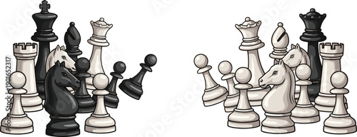 Chess Piece Battle Scene With Black And White King Queen Knight Rook Pawn Figures Facing Each Other In Vector Illustration