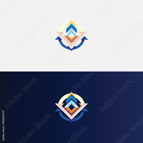 A vibrant, colorful abstract logo showcases upward-pointing geometric arrows nested within each other, surrounded by an encircling pair of arrows, symbolizing growth and direction.