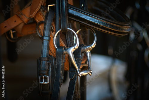 Fotografi Close-up of leather horse bridles & metal bits hanging in a stable