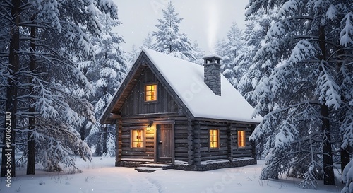 Snowcovered log cabin in a winter forest lights glow in windows smoke rises from chimney