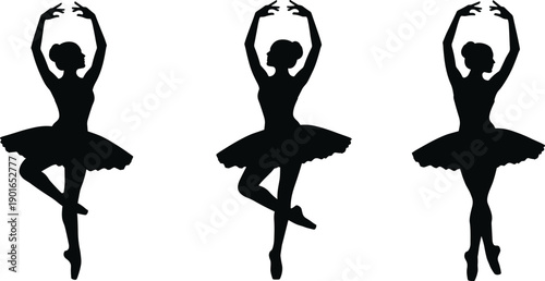 Ballerina silhouette collection, black ballet dancer poses, woman dancing in tutu, vector illustration isolated on white background