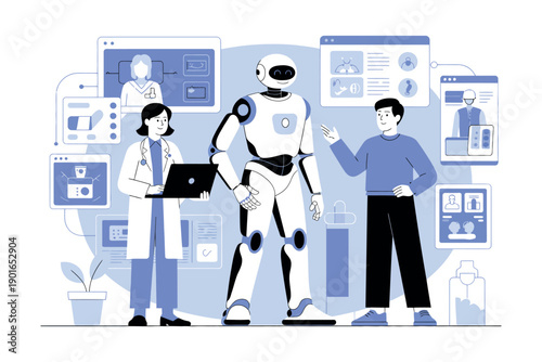 A doctor and a man interacting with a robot in a futuristic medical setting with various digital screens
