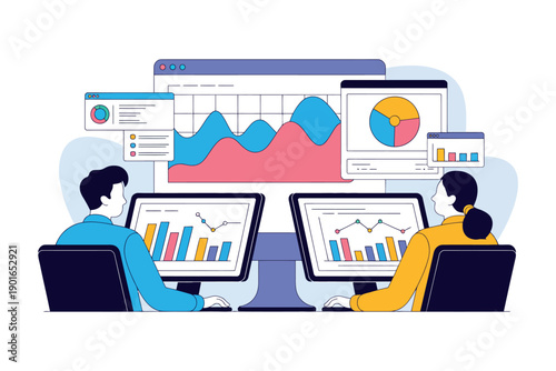 Two people analyzing data on multiple computer screens with various graphs and charts