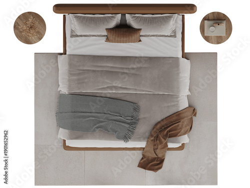 Fotografija Top View Modern Double Bed with Bedding, Rug and Night Tables Isolated on Transp