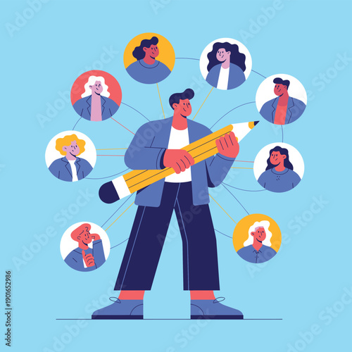 A man with a large pencil surrounded by diverse people's faces, symbolizing creativity and connection.