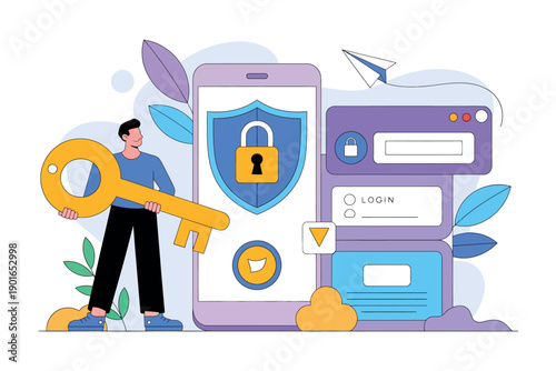 A man holding a large key stands beside a smartphone with a shield and lock on its screen, symbolizing digital security and protection.