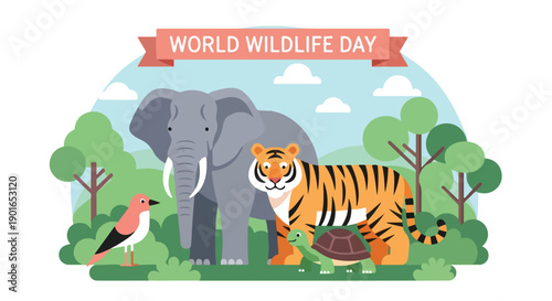Illustration of elephant, tiger, and bird on World Wildlife Day with trees and banner against blue sky.