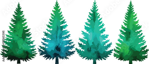 Green Pine Trees, Evergreen Spruce Fir Forest, Winter Christmas Nature Elements, Watercolor Style Conifer Plants