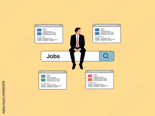 A businessman sitting on a large search bar looking for jobs online with multiple browser windows open.