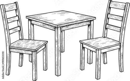 Wooden table and chairs sketch, furniture vector illustration, dining room interior element, isolated on white background, vintage engraving style.