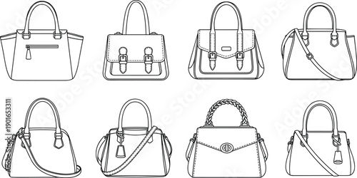 Women handbag outline collection, ladies fashion purse vector illustration, leather shoulder bag sketch, accessories isolated on white background.