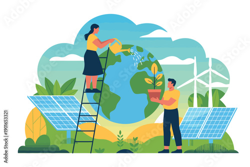 A man and woman working together to nurture the Earth with renewable energy and sustainable practices