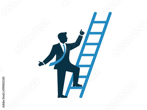 A businessman in a suit climbing a ladder to success with determination and confidence