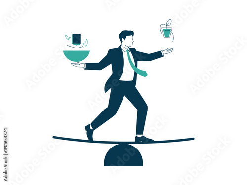 A businessman in a suit balancing on a seesaw while juggling work and personal life.