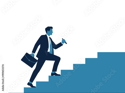 A determined businessman climbing the corporate ladder with confidence and ambition