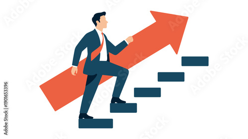 A businessman in a suit climbing up a large arrow with ascending steps, symbolizing career growth and success.