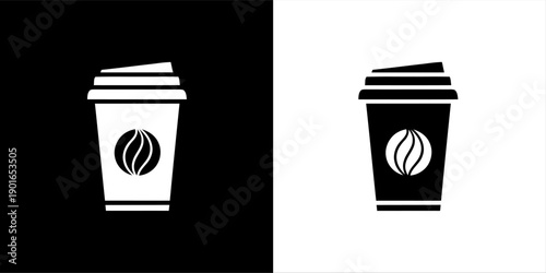 Disposable Coffee Cup Icon with Bean Logo - Black and White Graphic Representation for Beverage Menus