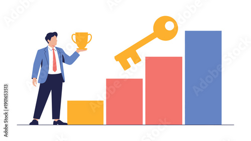 A businessman celebrates success with a trophy and a growing graph