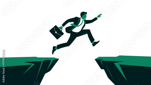 A businessman in a suit jumps across a gap between two cliffs with a briefcase in hand, symbolizing career transition and professional growth.