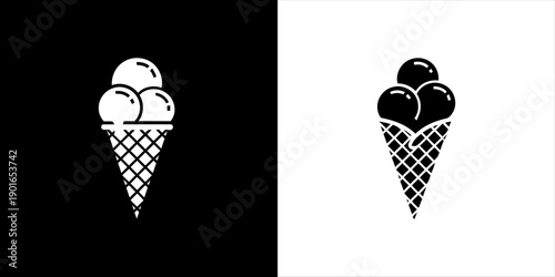 Minimalist Ice Cream Cone Icon Simple, Contrasting White and Black Graphic for Web and App Design Elements