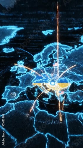 Digital map with glowing lines, flags, and data overlay. Focus on a conflict zone