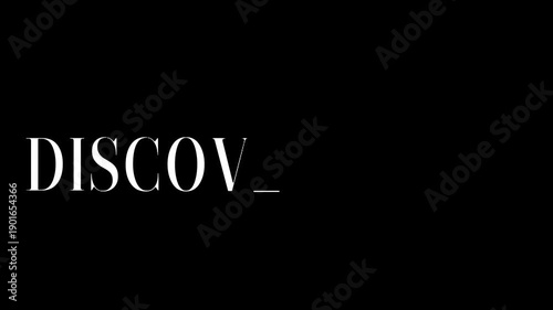 A fragment of the word 'DISCOVER MORE_' in a sophisticated white serif font is isolated against a plain black background, providing a versatile graphic resource for various design applications.