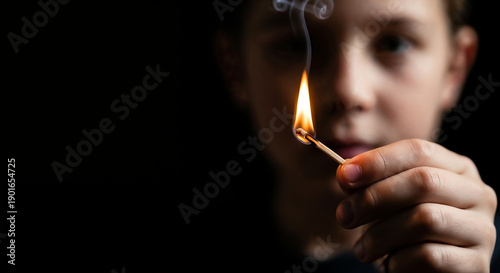 Boy lighting match in dark room symbolizing risk and awakening
