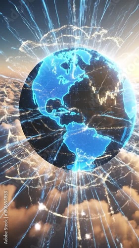 A digital Earth globe with glowing data connections and a rising financial graph