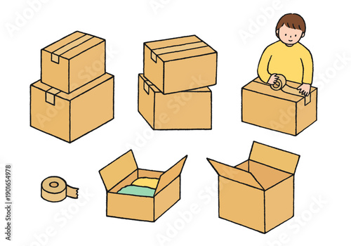 引っ越しの荷造りやダンボールの手描きイラストセット