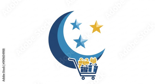 Nighttime shopping cart under crescent moon with stars and gifts