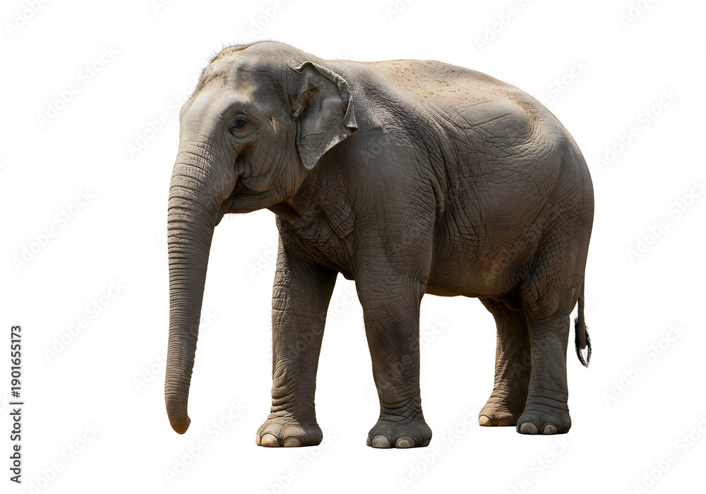 Fototapeta premium majestic elephant standing alone with long trunk and wrinkled gray skin on isolated white background