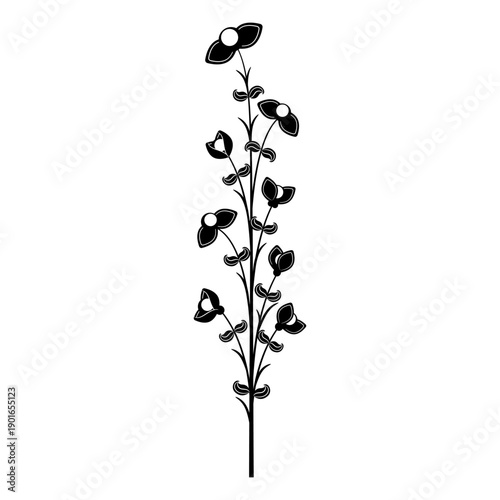Blooming branch with leaves and flowers. Floral motif. Black and white background.