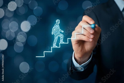Businessman hand drawing a white staircase with a blue marker and a sketch of a human figure climbing upwards, representing career planning, personal growth, and ambition