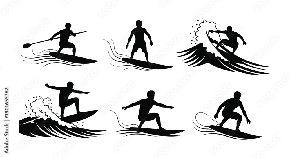 Naklejka premium Collection of surfers in various dynamic poses on waves.