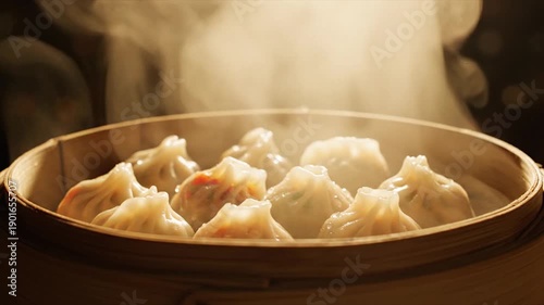 Wallpaper Mural Steaming Hot Dumplings in a Bamboo Steamer Basket Close Up. Torontodigital.ca