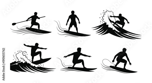 Collection of surfers in various dynamic poses on waves.