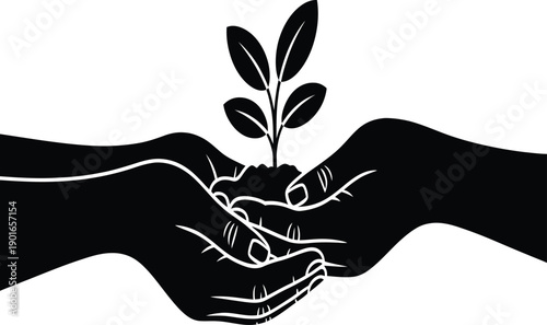 Black and white illustration of hands holding a small plant growing