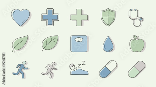 Set of flat vector icons for spa and hotel business featuring tree symbols and bed signs for web and internet communication design