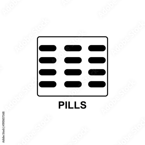 Black and white blister pack vector icon with twelfth oval pills and bold text label Pills for healthcare pharmacy medical drug representation