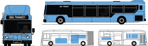 Public transit bus illustration featuring front, side and articulated views of modern city buses for transportation, travel, urban mobility and vehicle design concepts
