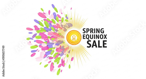 Vibrant spring equinox sale banner with colorful floral explosion and sunny yellow logo