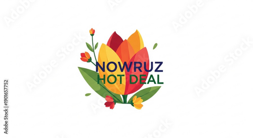 Vibrant nowruz hot deal logo with colorful tulips and flowers on white background