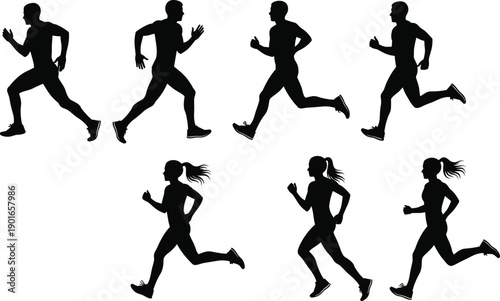 Running silhouette collection of male and female athletes jogging, sprinting and exercising in various poses for fitness, sports and training designs