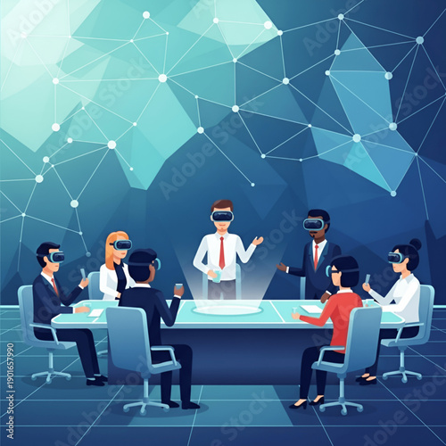 Business people wearing VR headsets in virtual meeting room, futuristic metaverse collaboration