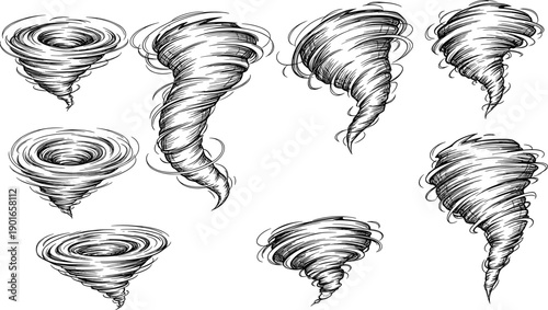 Set of hand drawn tornado cyclone hurricane vortex illustrations with swirling wind storm shapes for weather disaster natural phenomenon design