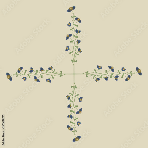 Square floral cross shape decorative element with four blooming branches.